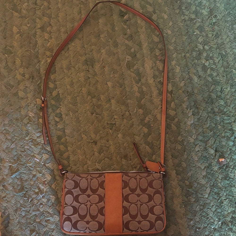 Coach Brown Signature Jacquard Crossbody with Tan Leather Trim
